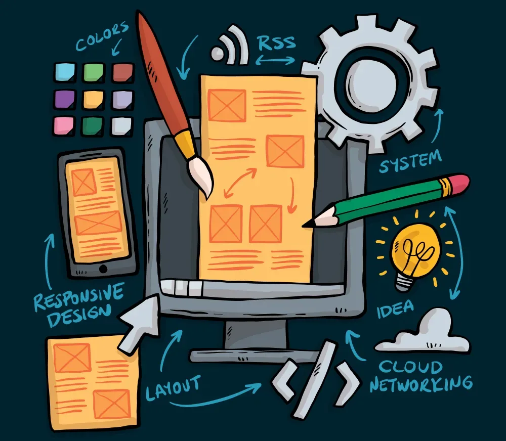 Hand-drawn style illustration of a desktop and mobile screen with color swatches, a paintbrush, and gear icons, representing GiveTurn's WordPress theme development services
