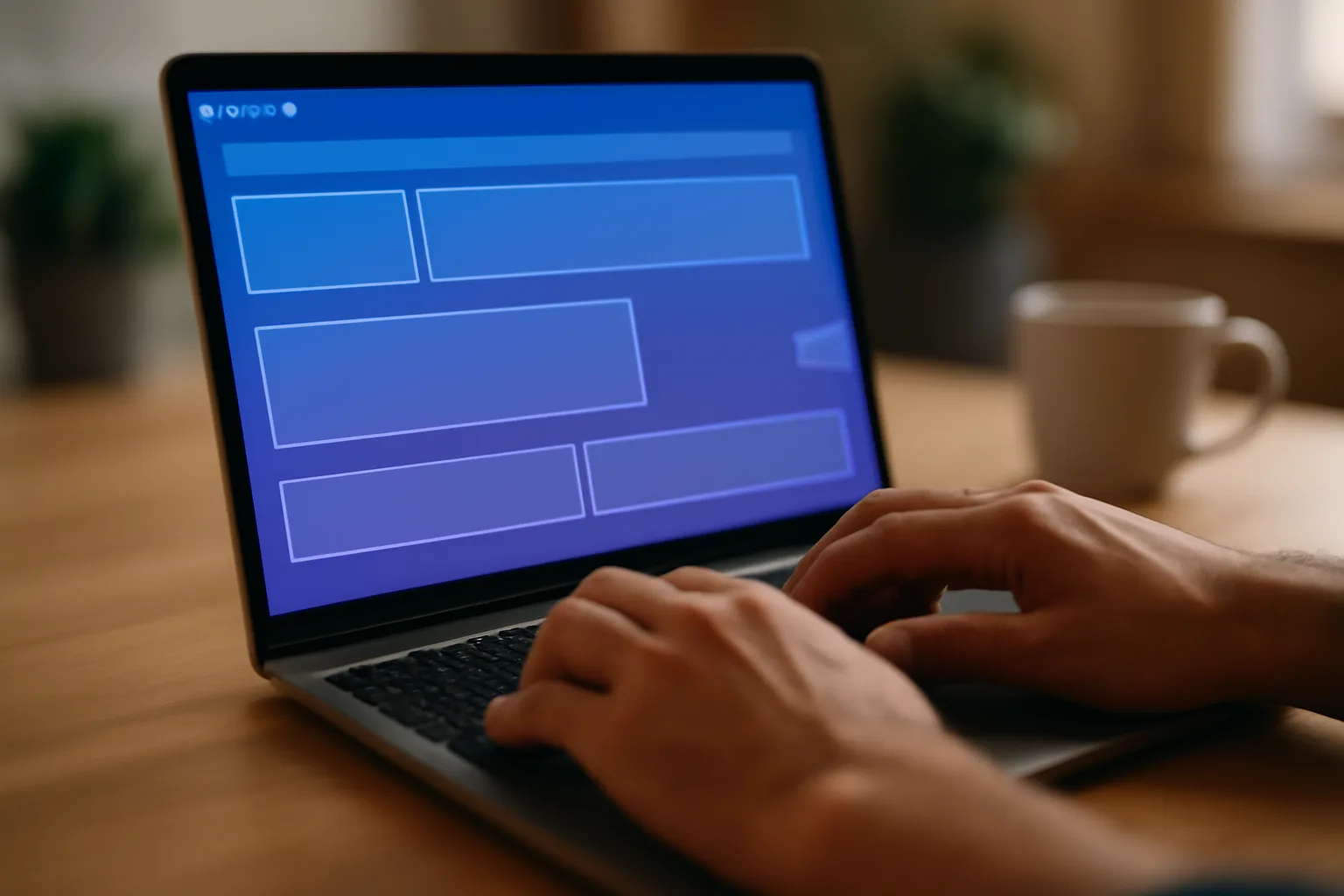 Close-up photo of hands typing on a laptop showing a blue-tinted website page-builder layout, representing GiveTurn's WordPress website development services