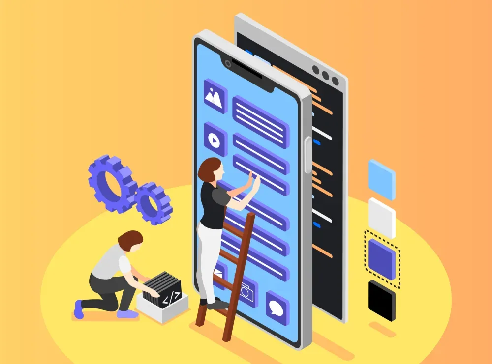 Illustration of two people assembling a giant smartphone app interface using a ladder and gears, representing GiveTurn's Zend development services