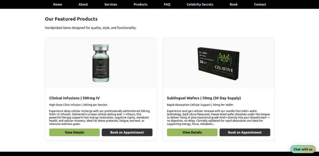Celavive website — featured products grid