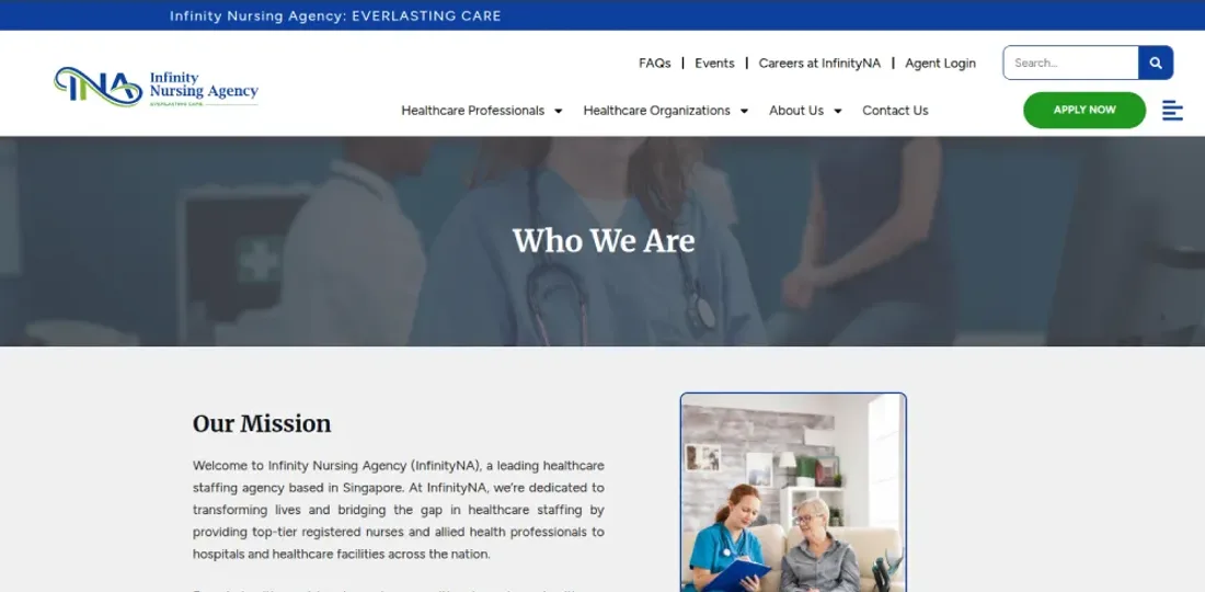 Infinity Nursing Agency website — Who We Are and Our Mission section
