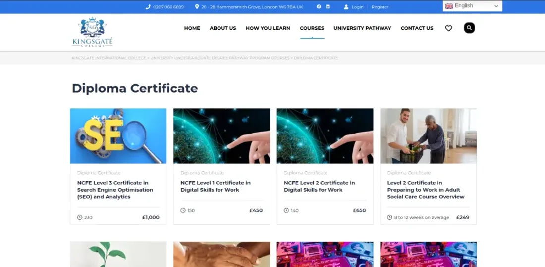 Kingsgate International College website — diploma certificate courses