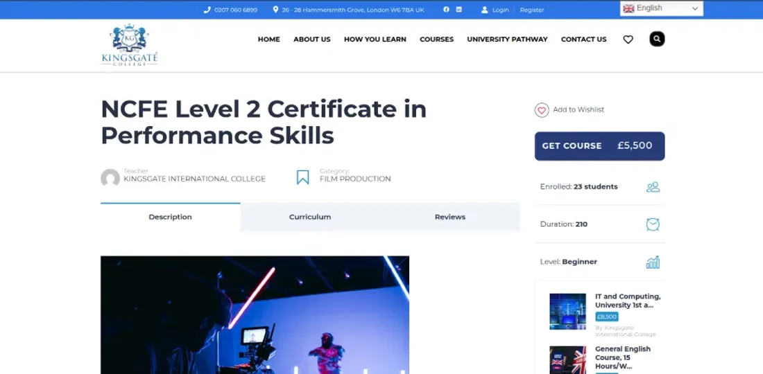 Kingsgate International College website — course detail page
