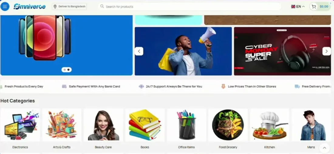 Omniverce website — flash sale and hot categories section