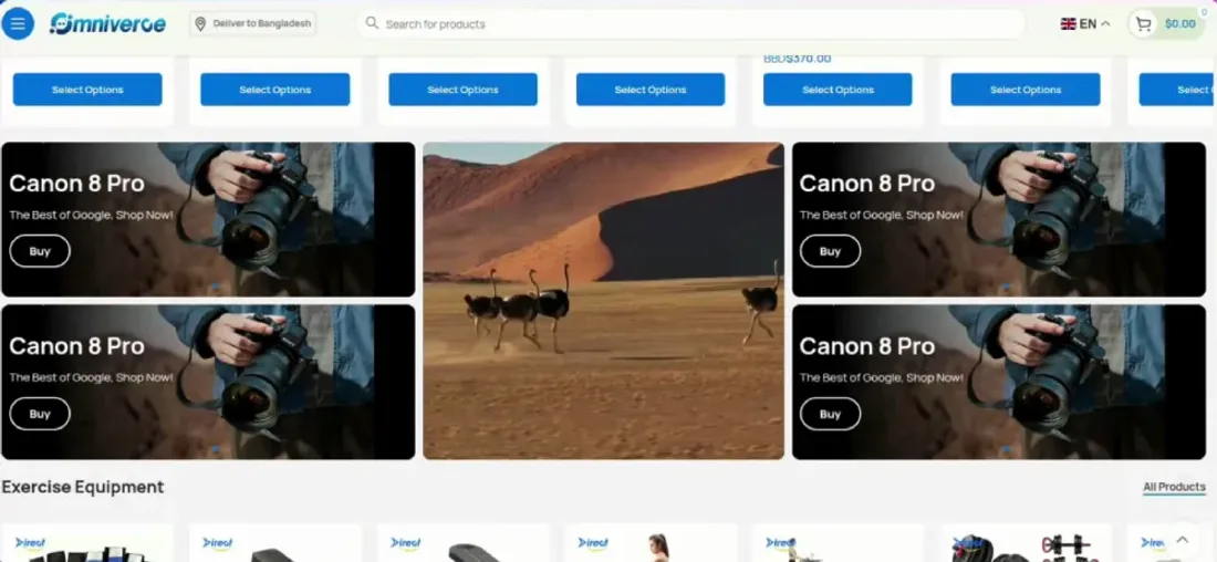 Omniverce website — product listing grid
