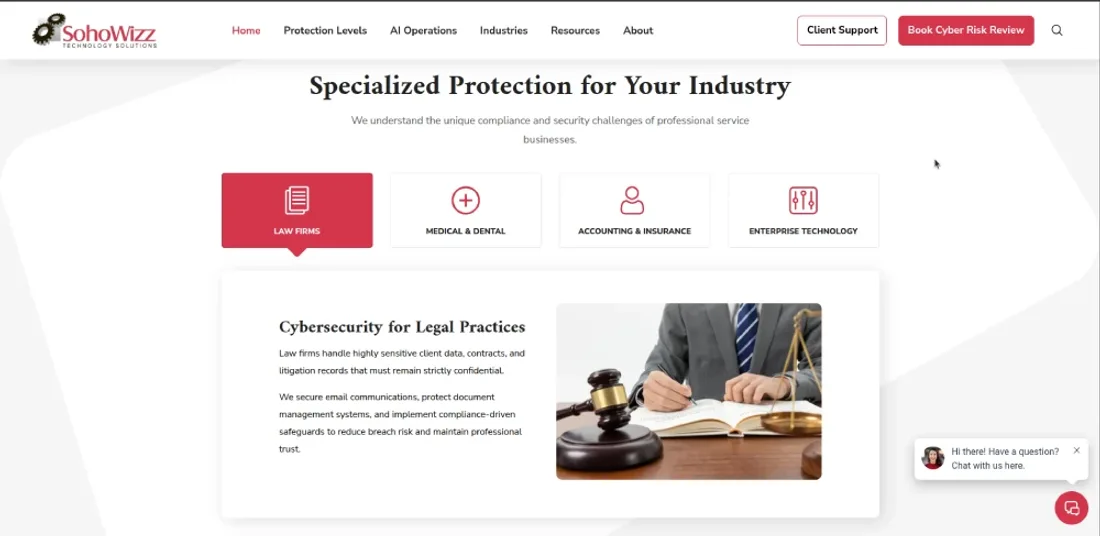 SohoWizz website — specialized protection by industry