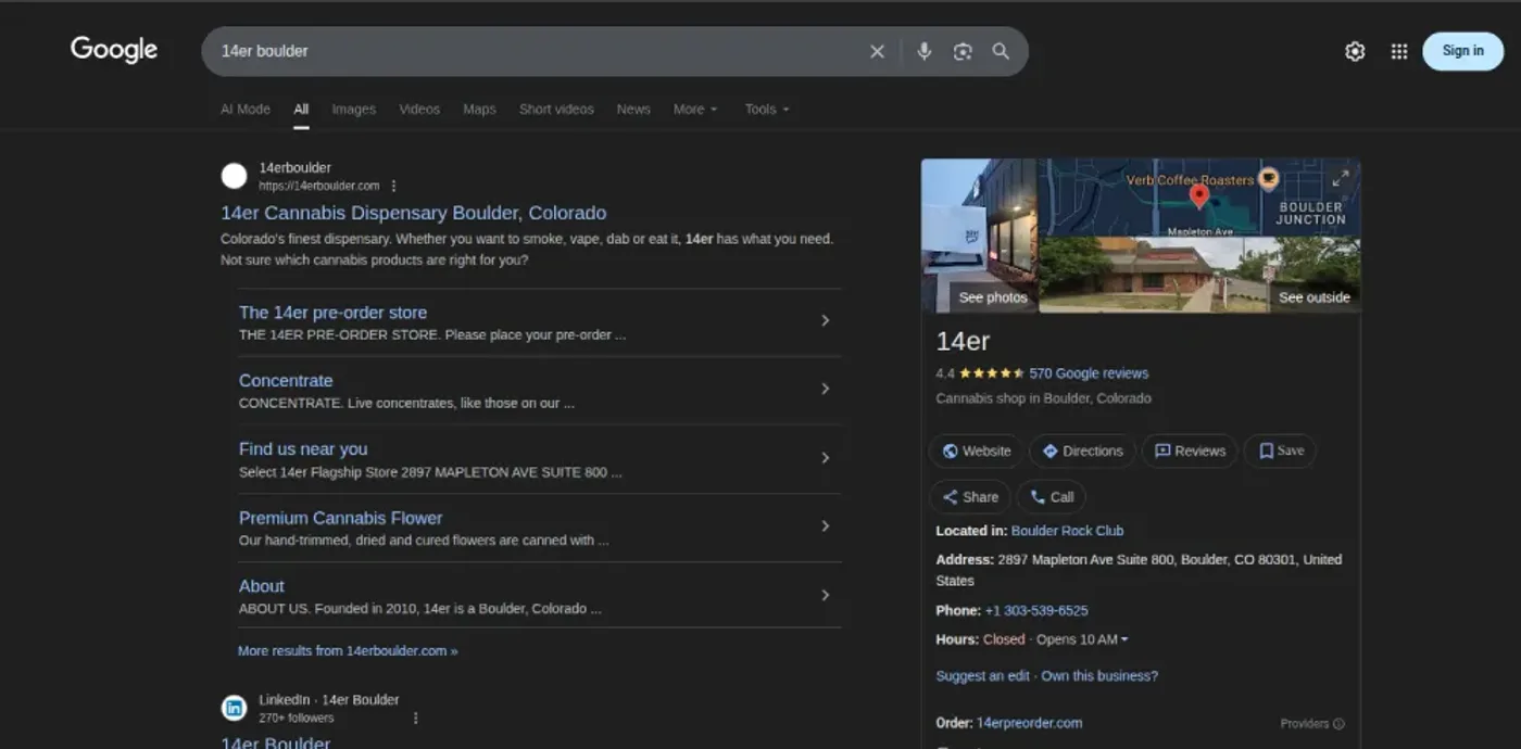 14erBoulder Google Business Profile search result