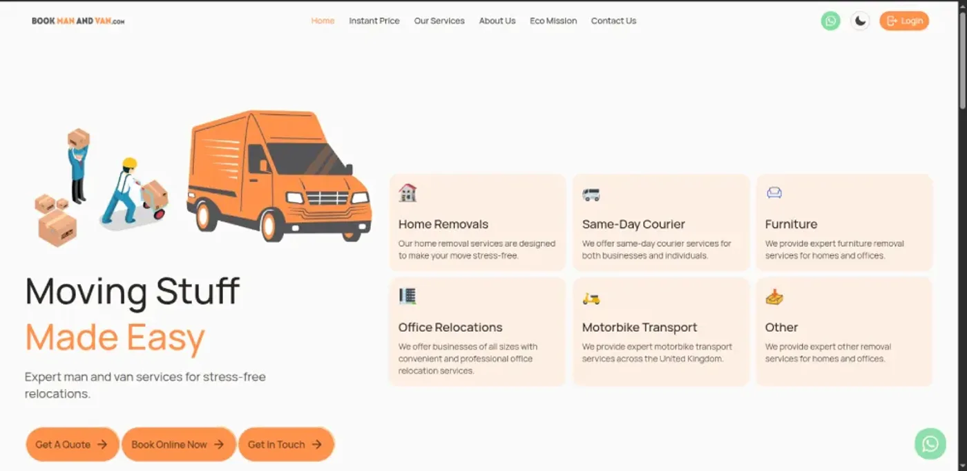 BookManAndVan website — "Moving Stuff Made Easy" homepage banner