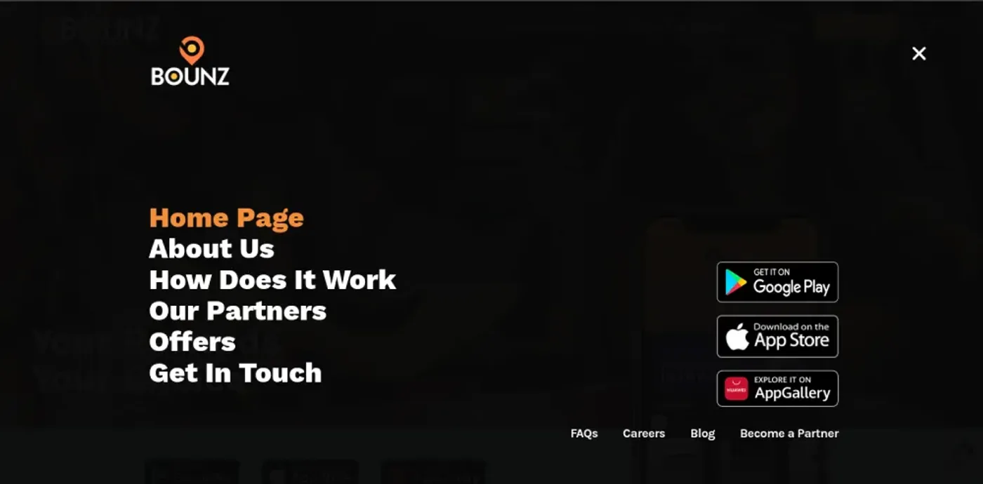 BOUNZ Rewards website — mobile navigation menu overlay