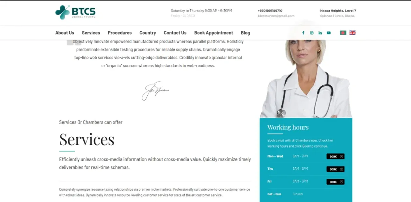 BTCS Medical Tourism website — doctor services page