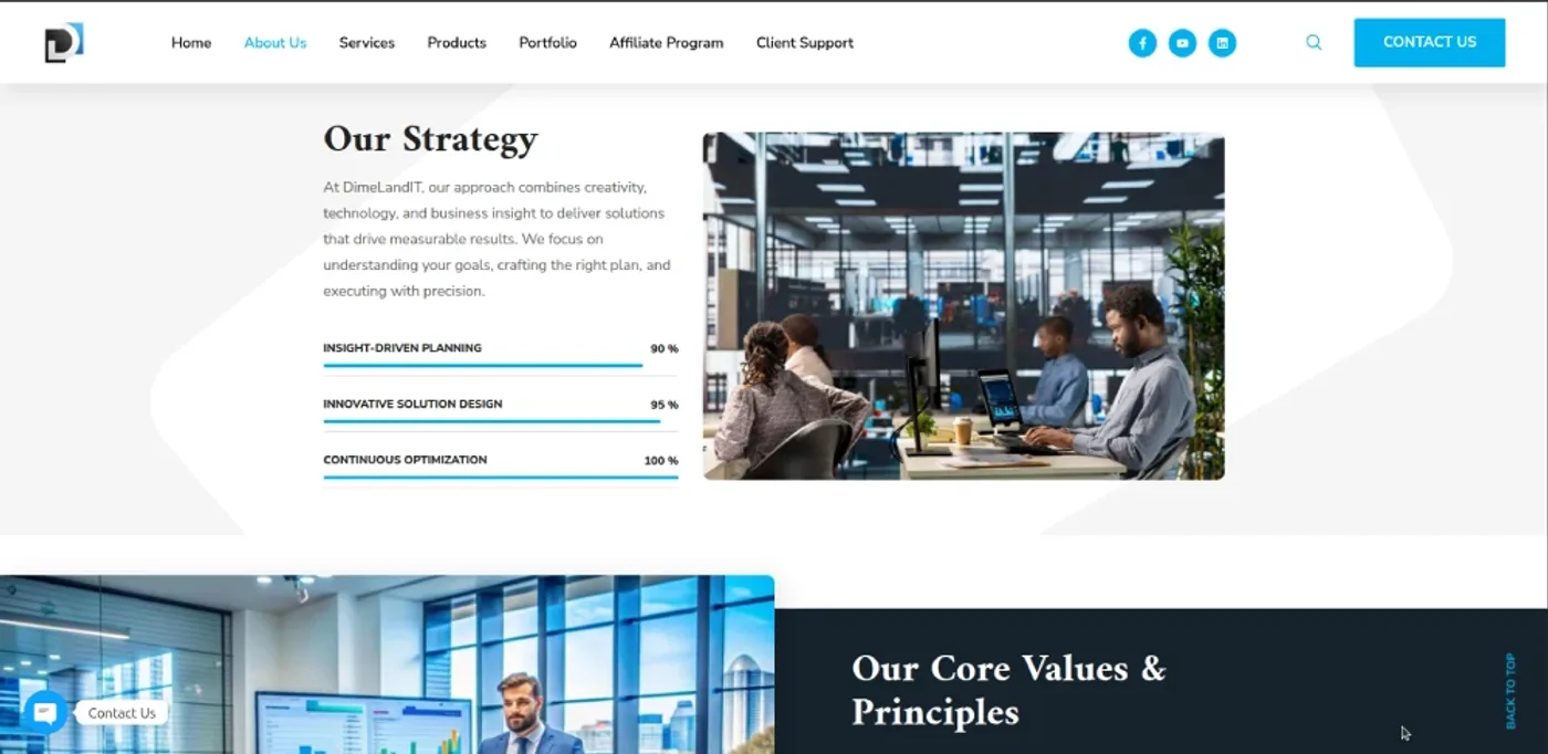 DimeLandIT website — Our Strategy section with team photo