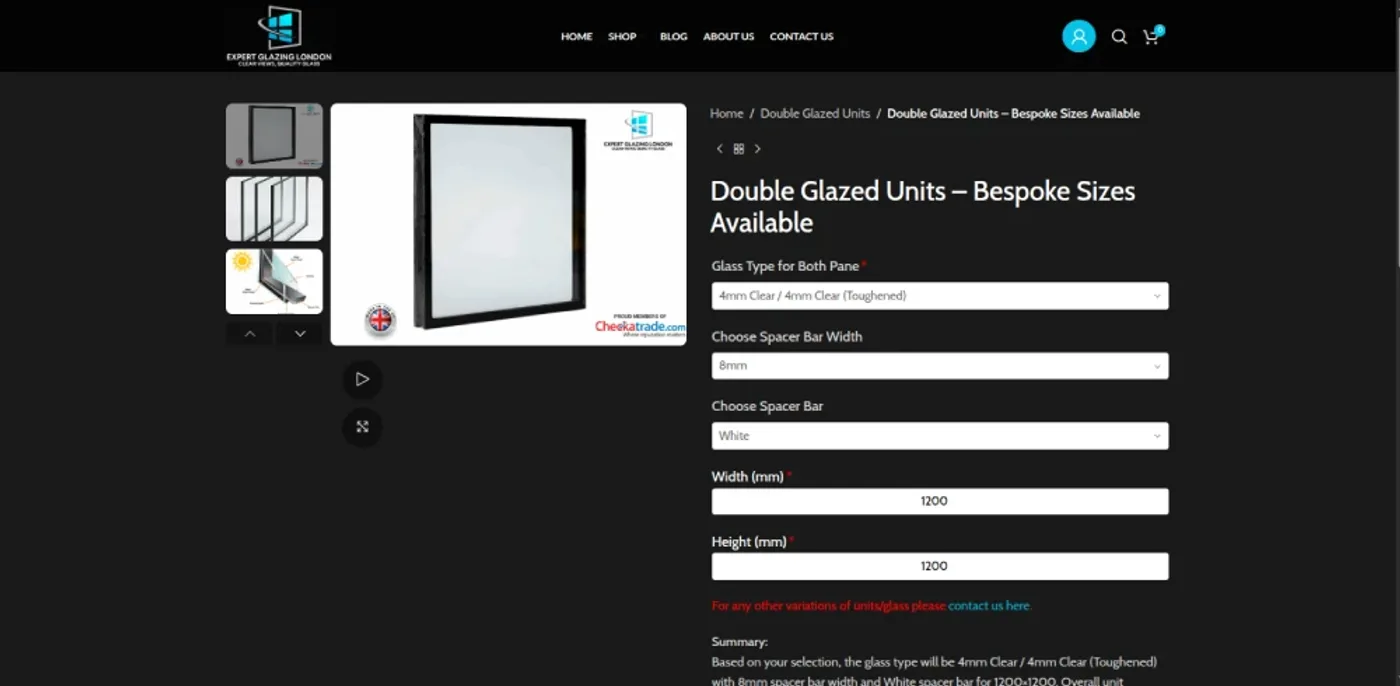Expert Glazing London website — bespoke glazed unit configurator