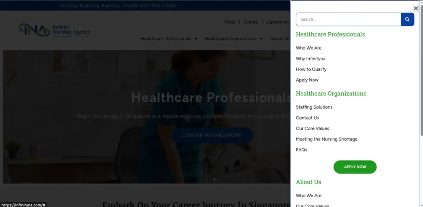 Infinity Nursing Agency website — navigation menu open