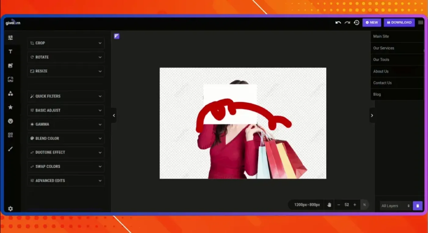 PhotoEditorX website — photo editing tools panel