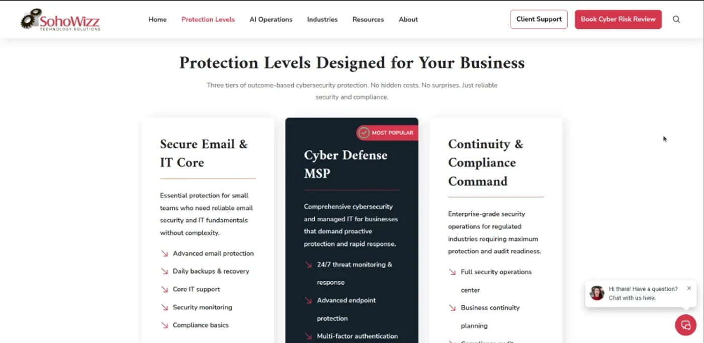 SohoWizz website — protection levels pricing cards