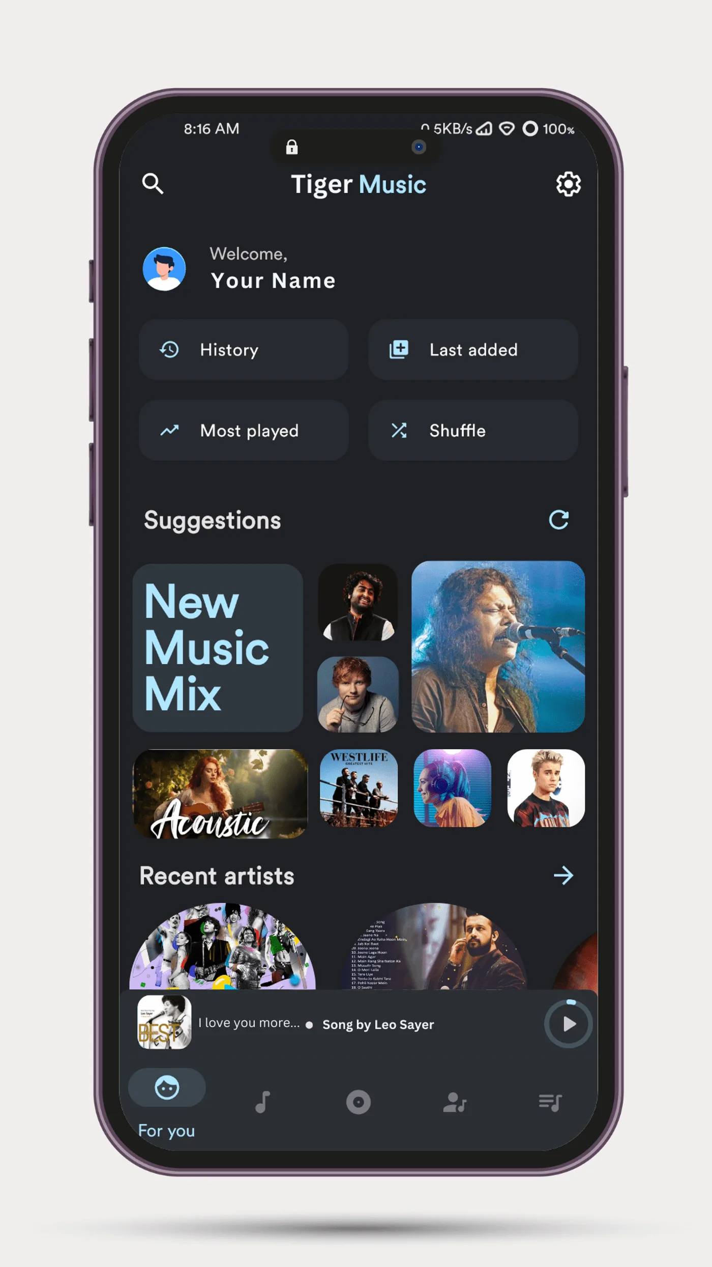 Tiger Music app — new music mix listing screen