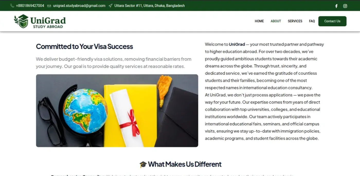 UniGrad website — committed to your visa success section